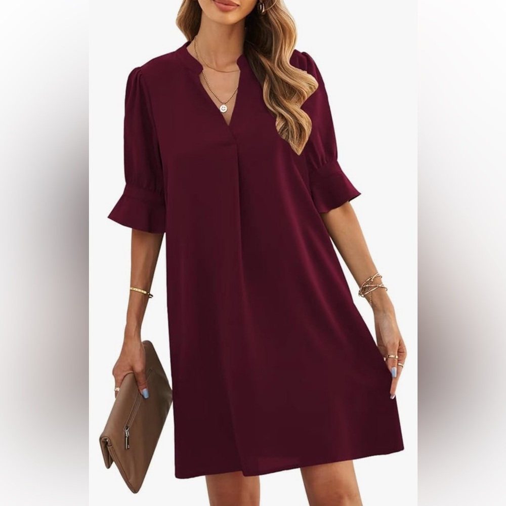 Womens V-Neck Ruffled Short Sleeve Dress Casual Shift Dress Summer Dresses